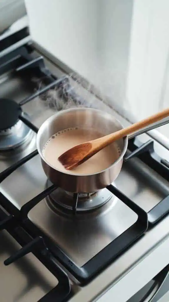 A small saucepan on a modern stainless steel gas stove, filled with hazelnut milk being gently heated. Steam is rising, and a wooden spoon rests on the side of the pan