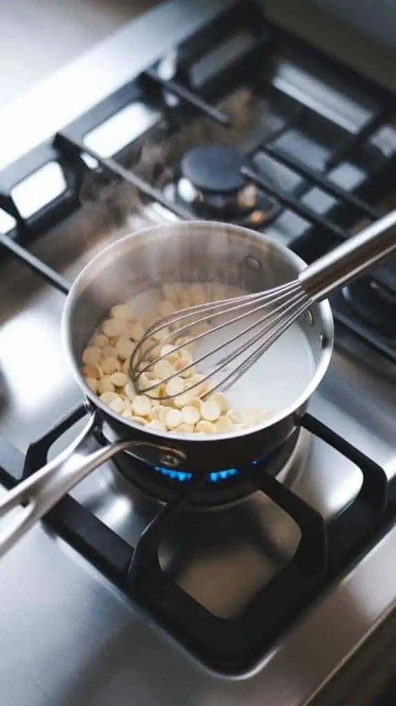  white milk and white chocolate chips being gently stirred with a whisk