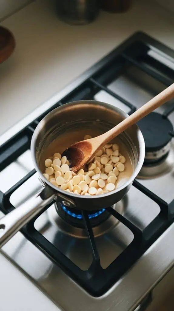 A small saucepan on a modern stainless steel gas stove, with white chocolate chips melting into a creamy mixture