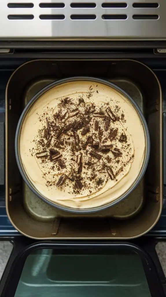 Springform pan filled with creamy cheesecake filling mixed with really fine Oreo crumbs throughout