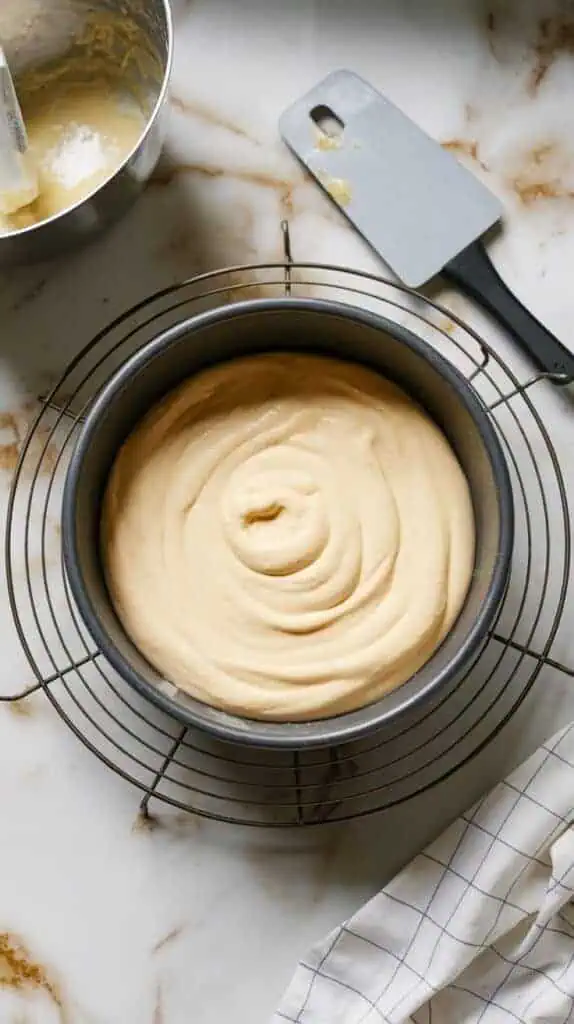 A springform pan with cheesecake batter poured in, set on a wire rack with a mixing bowl and spatula nearby