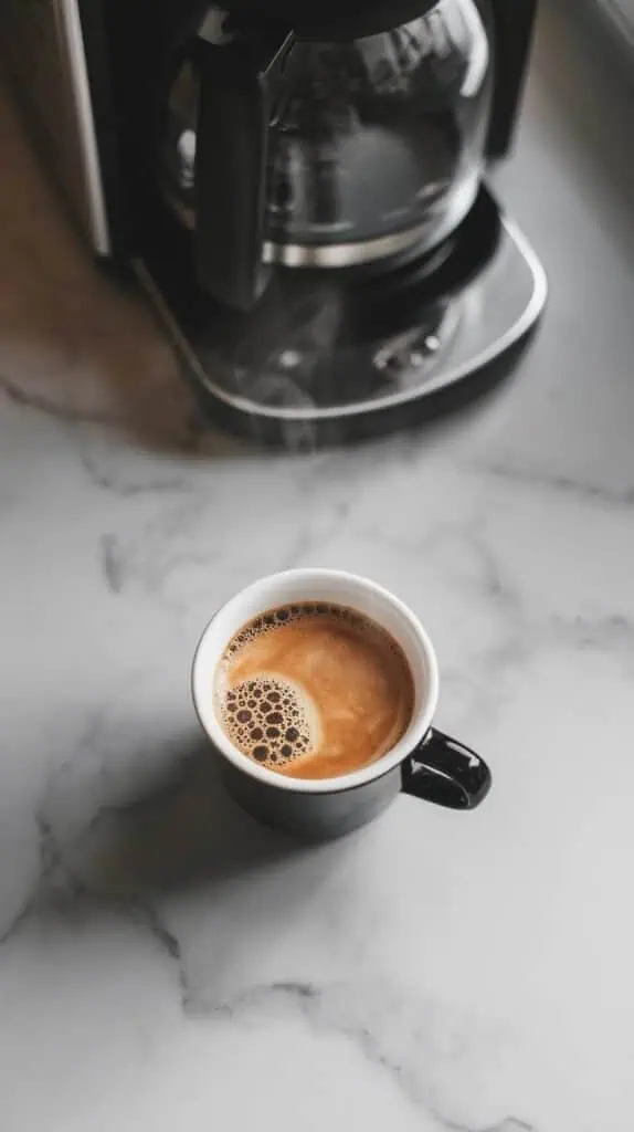 A steaming cup of freshly brewed coffee on a white marble counter with a coffee maker in the background