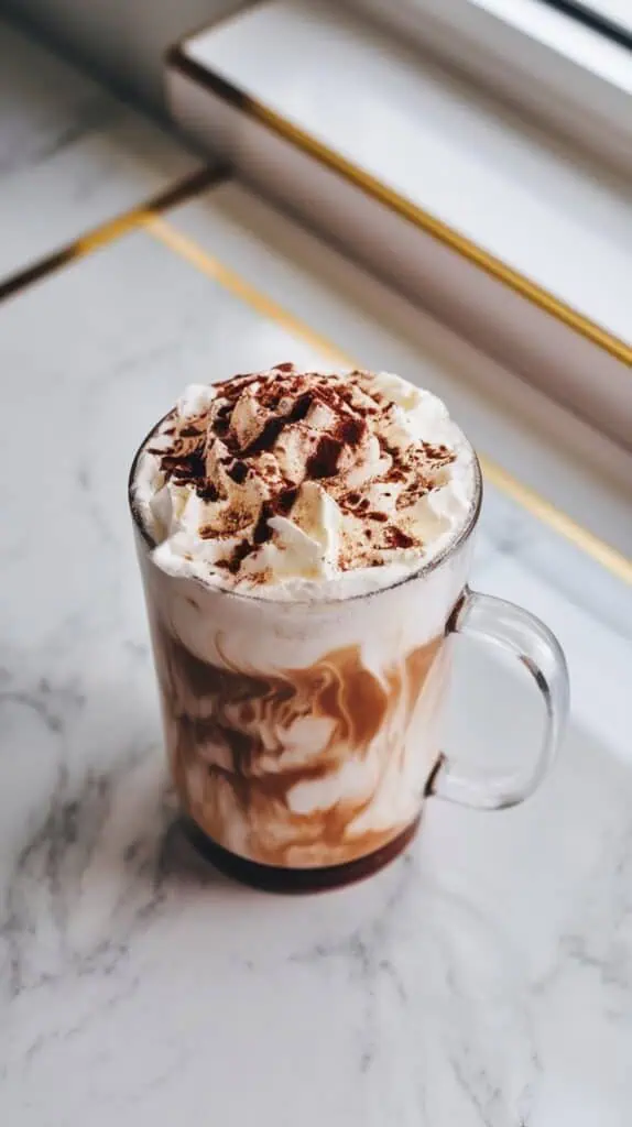 tall clear mug filled with frothy Coconut Mocha Protein Coffee