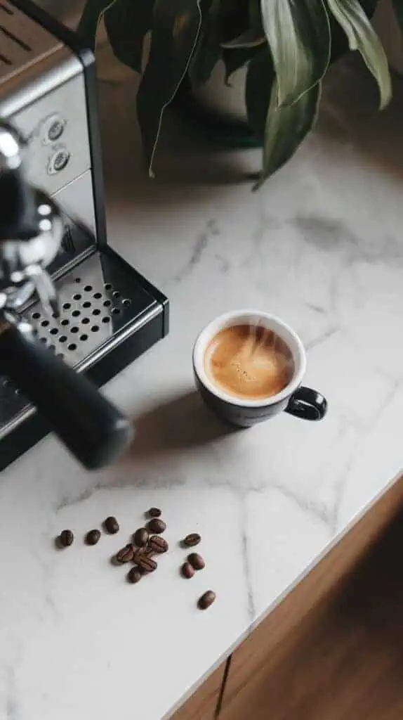 A steaming cup of freshly brewed coffee next to an espresso machine, coffee beans scattered on the counter