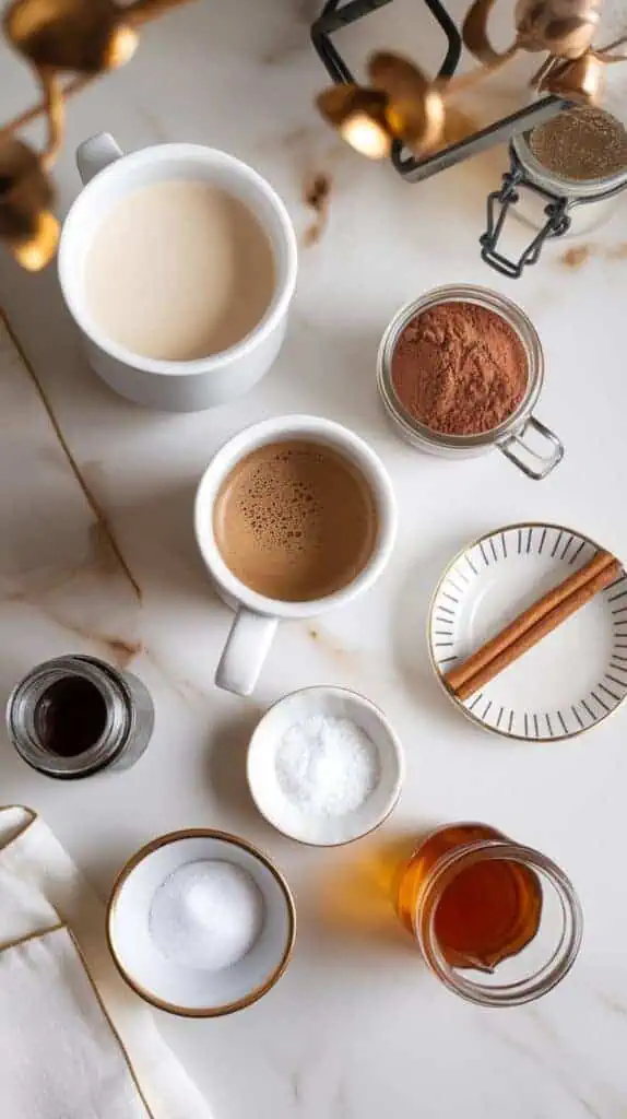 All the ingredients for cacao-spiced vegan protein coffee