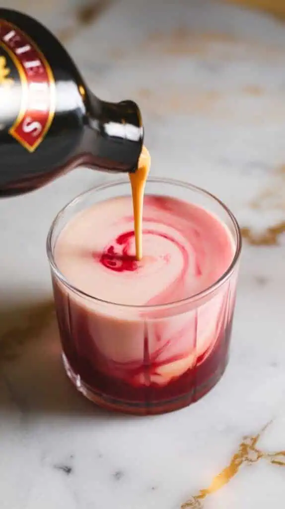 Baileys being gently poured into a short glass over cranberry juice