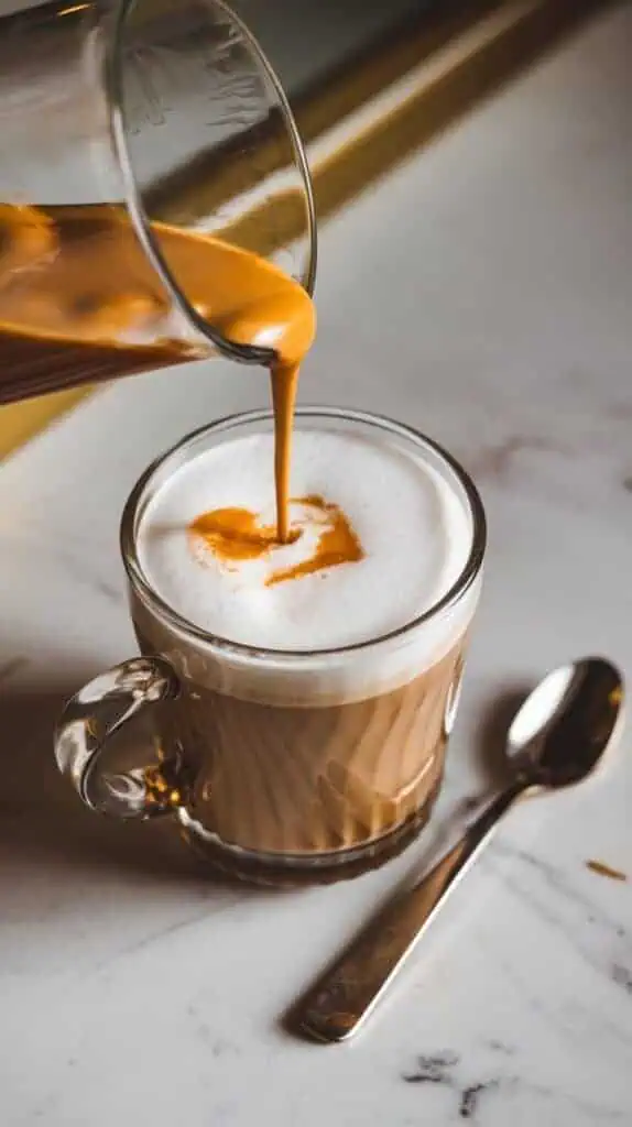 Baileys Irish Cream and whiskey being poured into a steaming glass of coffee