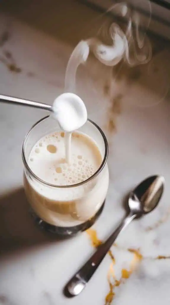 Warm milk being frothed in a glass frother, with steam rising