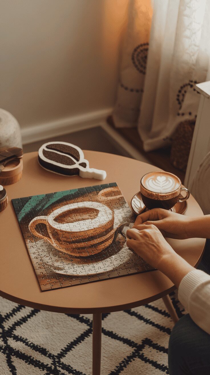 A person assembling a coffee-themed puzzle with a latte in a cup nearby