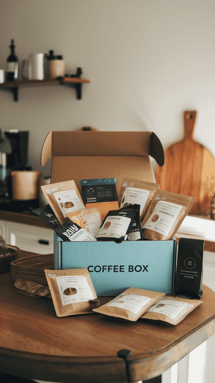 A coffee subscription box filled with various coffee packets and a stylish box.