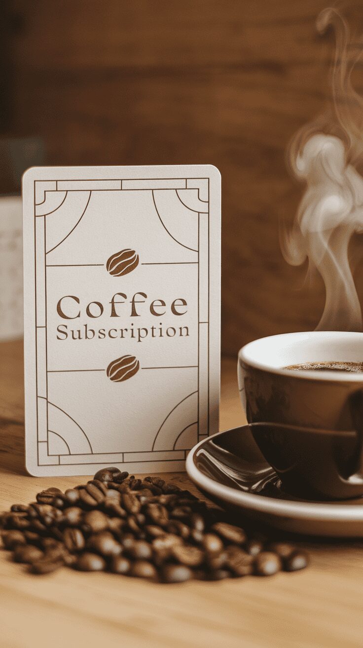 Coffee subscription card next to a cup of coffee and coffee beans.