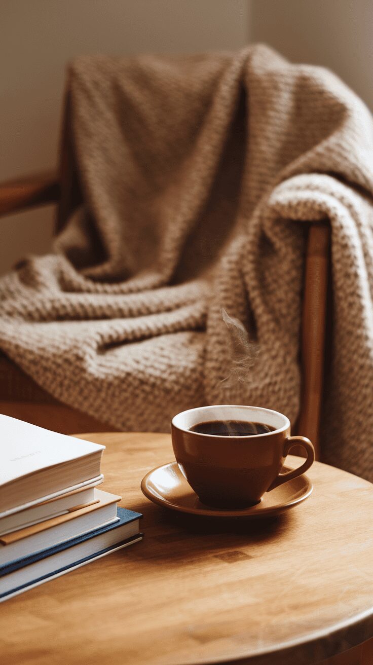 A cozy scene with a steaming cup of coffee on a wooden table, surrounded by books and a soft blanket draped over a chair.