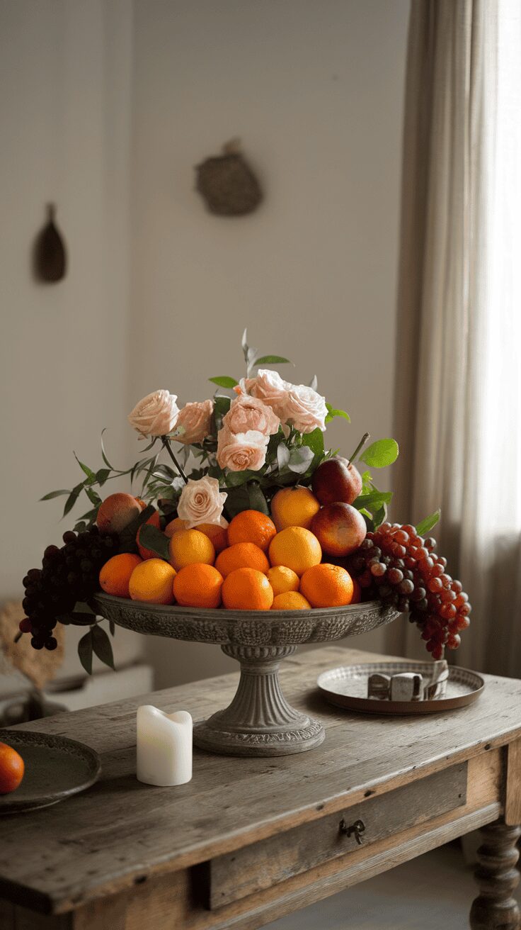 A decorative tray with a fruit arrangement and flowers on a wooden table.