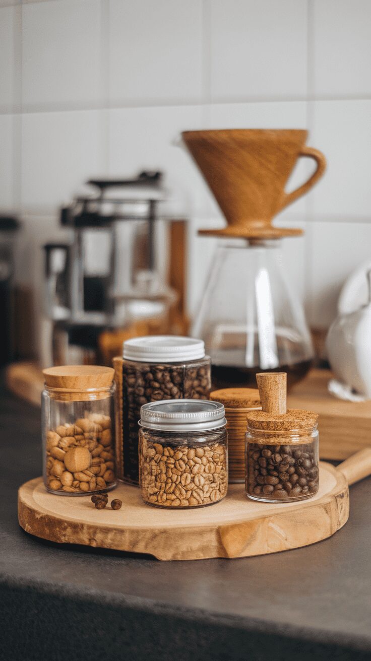 A collection of jars with different coffee beans on a wooden platter in a kitchen setting.