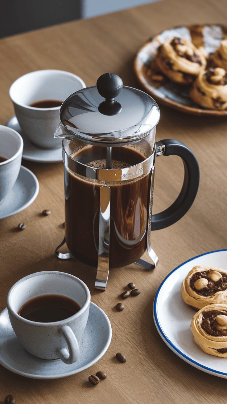 A French press surrounded by coffee mugs and pastries on a wooden table.