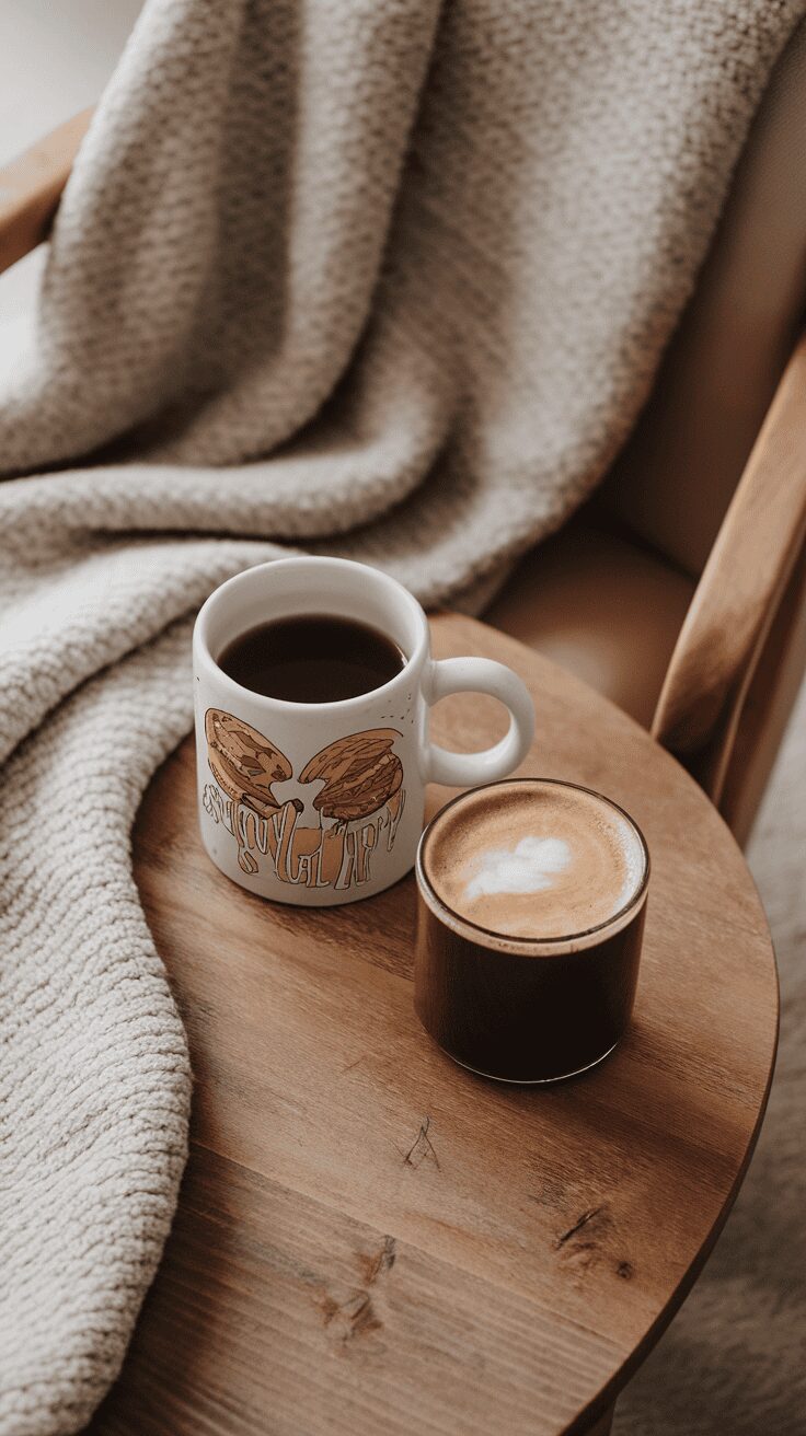 A cozy setting with a coffee mug and a tumbler on a wooden table, accompanied by a soft blanket.