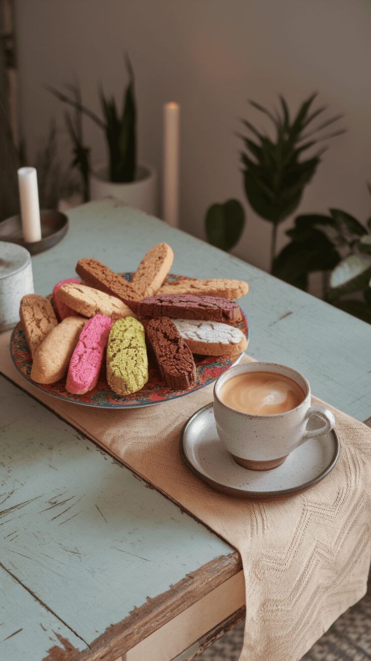 A colorful assortment of biscotti next to a cup of coffee on a wooden table.