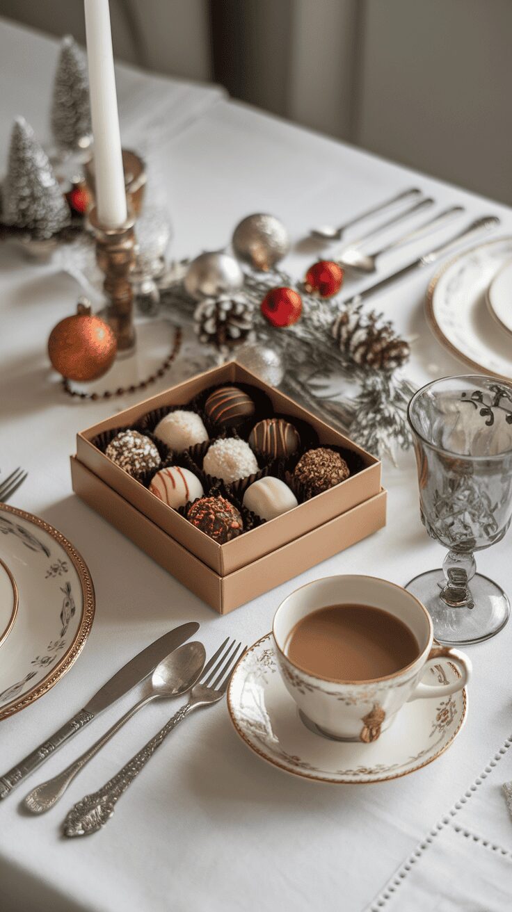 A beautifully arranged table with gourmet chocolate truffles, a cup of coffee, and festive decorations.