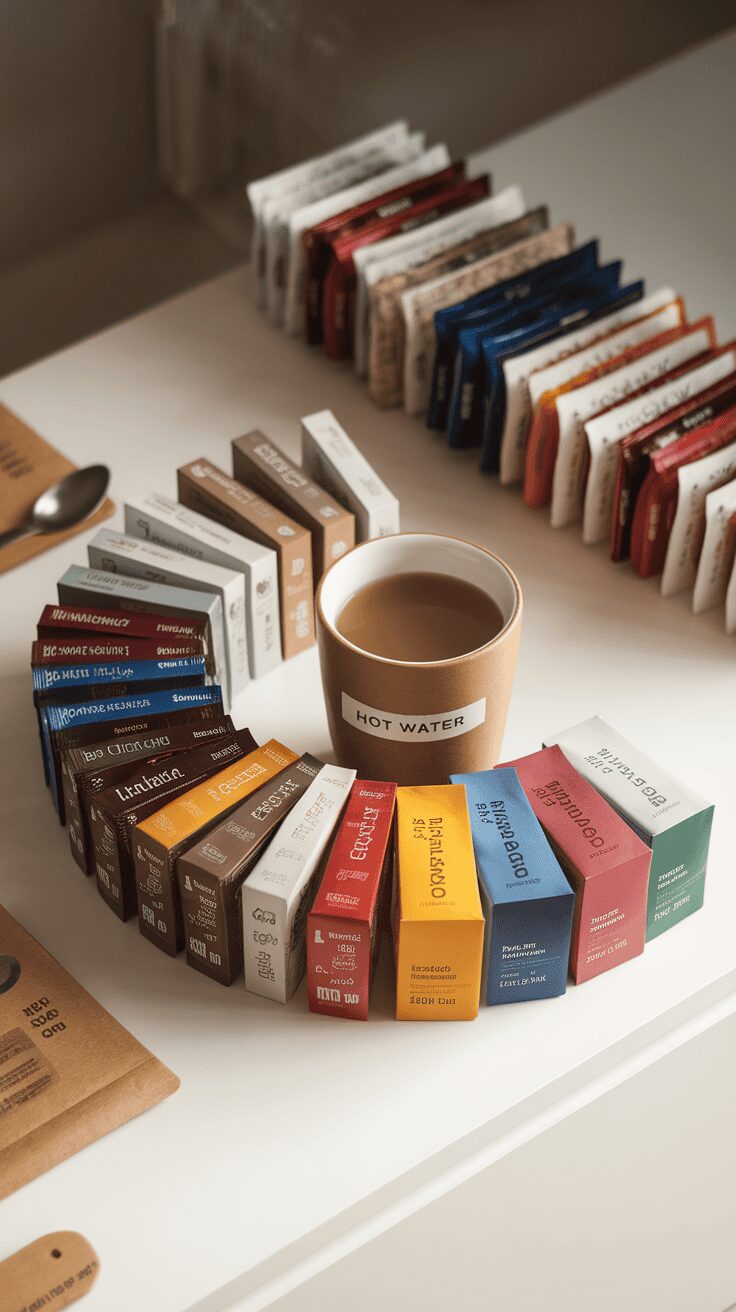A visually appealing arrangement of various instant coffee packets with a cup of hot water in the center.