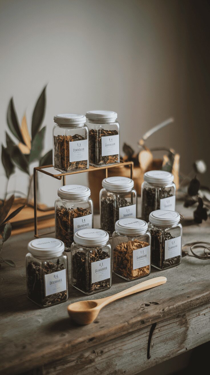 A display of various jars filled with loose leaf teas on a wooden table.