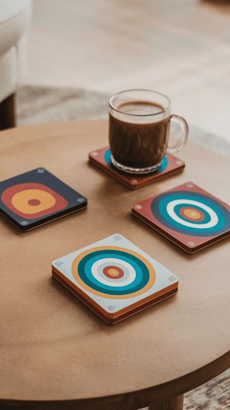 A set of colorful coffee coasters on a wooden table with a cup of coffee.