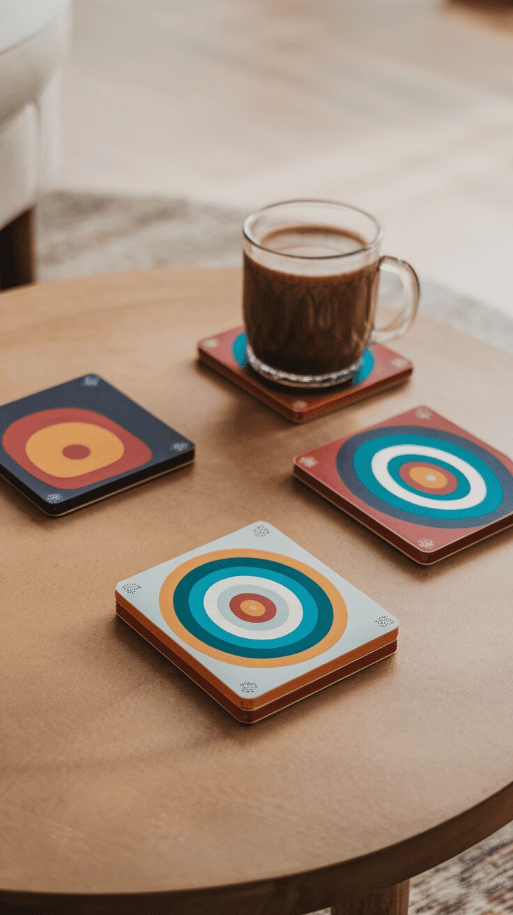 A set of colorful coffee coasters on a wooden table with a cup of coffee.