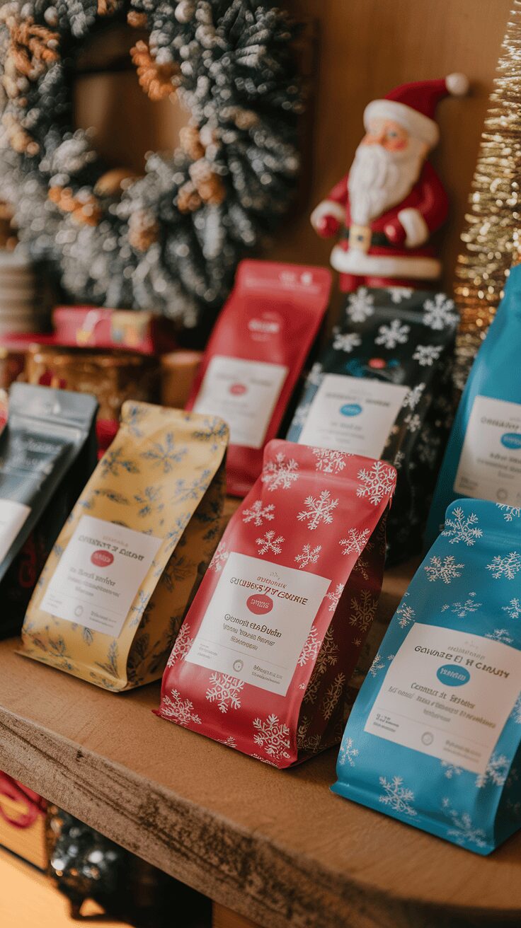Festively packaged gourmet coffee beans displayed on a shelf with holiday decorations.