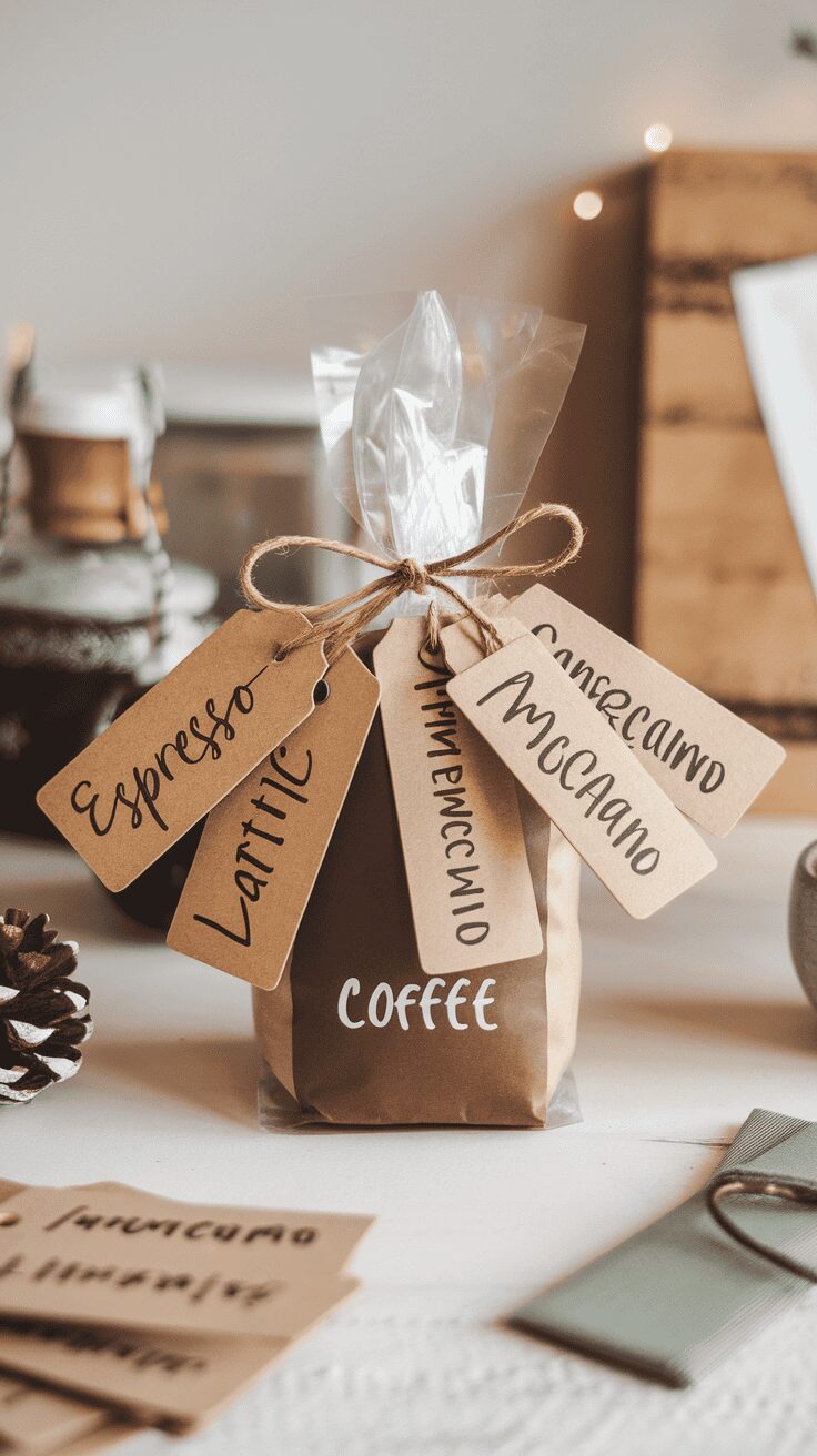 A collection of handwritten coffee-themed gift tags attached to a coffee package, showcasing different coffee types.