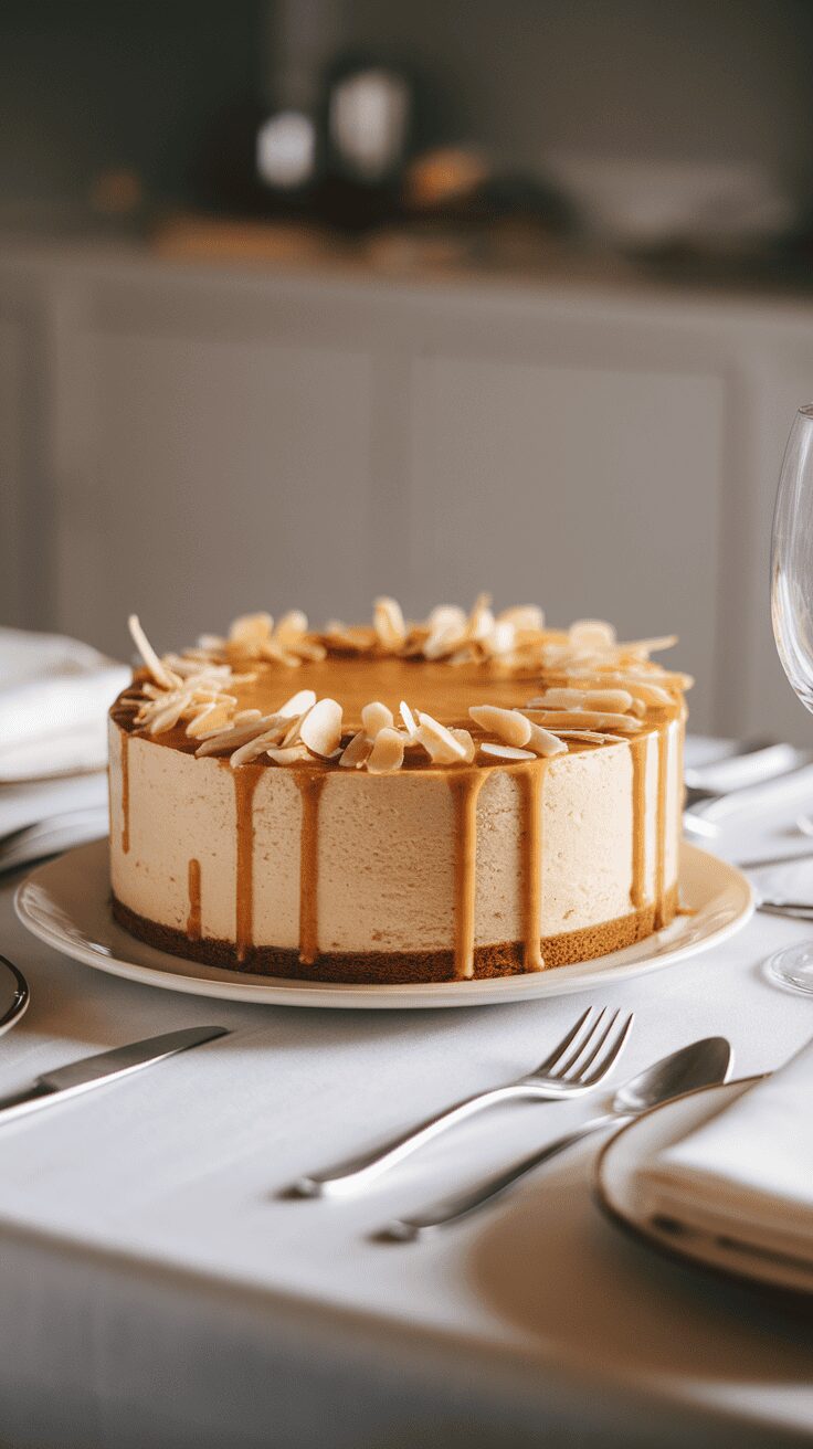 A delicious almond amaretto cheesecake topped with almond slices and a caramel drizzle.