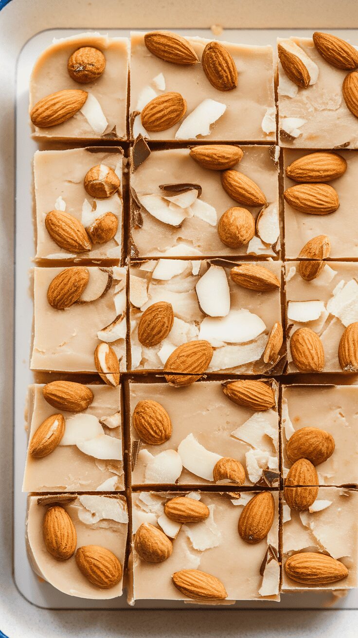 Homemade almond fudge topped with almonds and coconut.