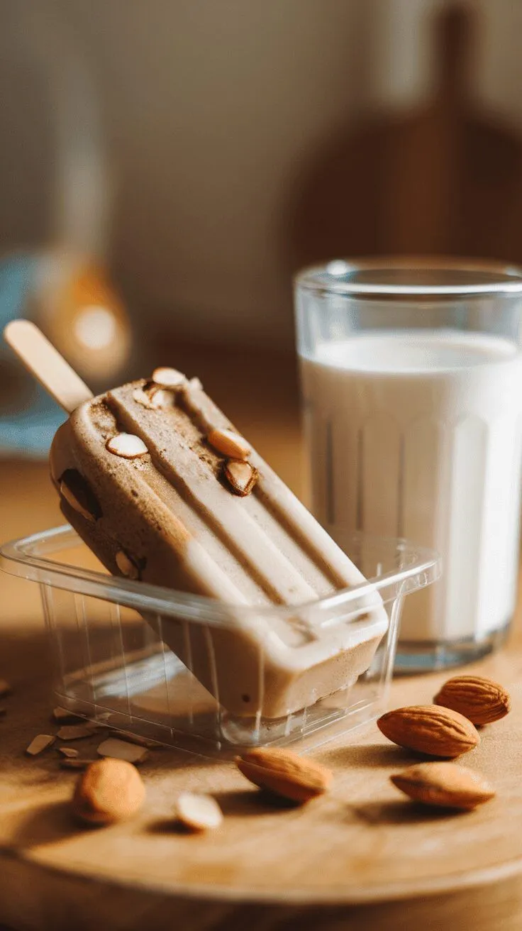 Almond milk coffee popsicle in a clear container with almonds scattered around and a glass of milk in the background.