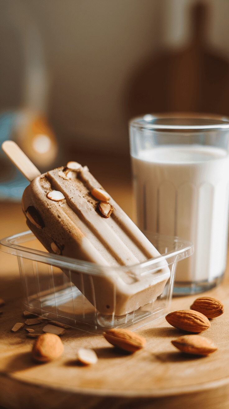 Almond milk coffee popsicle in a clear container with almonds scattered around and a glass of milk in the background.