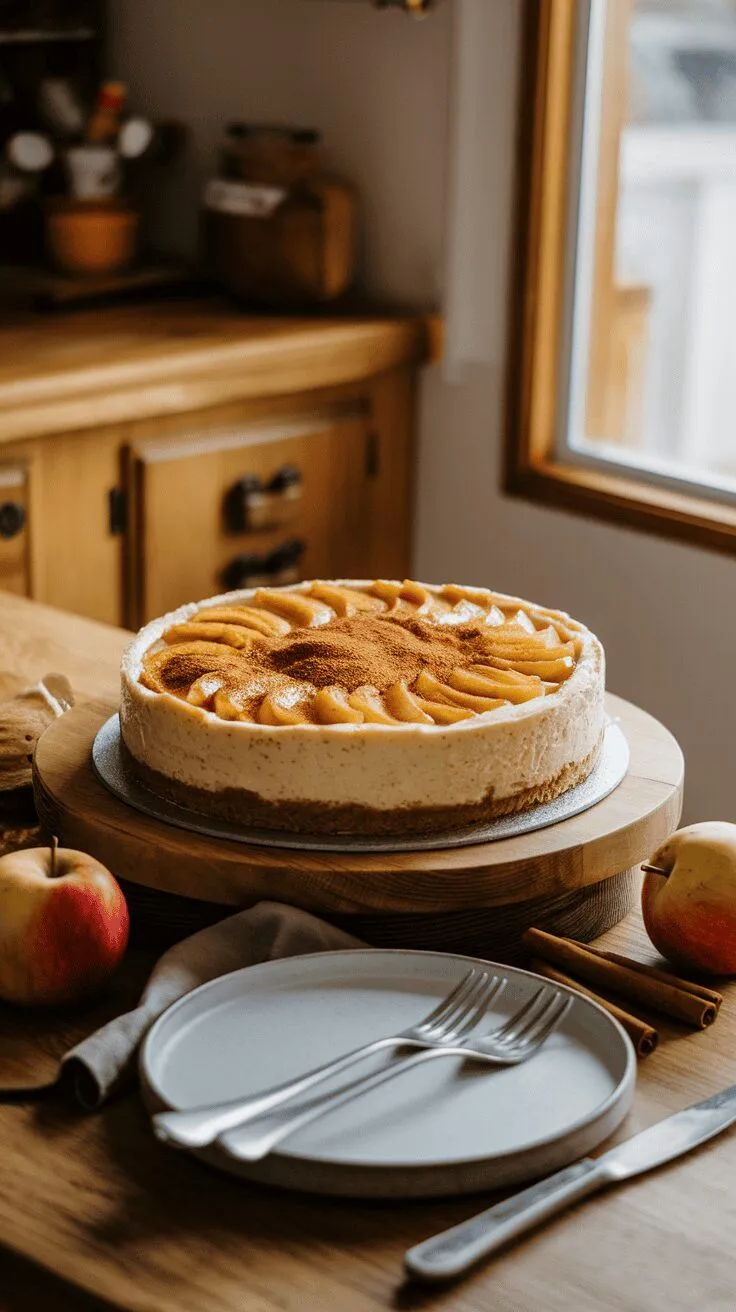 Delicious apple cinnamon cheesecake on a wooden table with apples and cinnamon sticks.