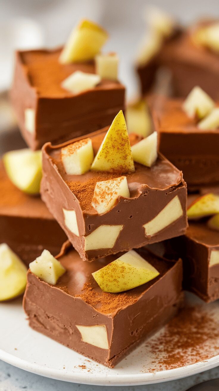Delicious apple cinnamon fudge squares topped with apple pieces and sprinkled with cinnamon.