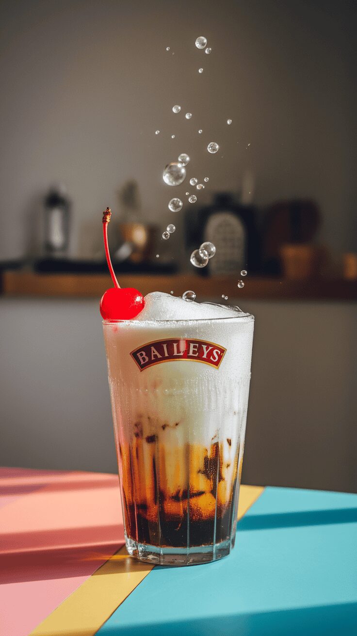 A glass of Baileys and cream soda with bubbles and a cherry on top.