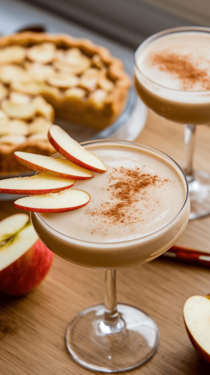 Two Baileys Apple Pie Martinis garnished with apple slices and cinnamon, with an apple pie in the background.