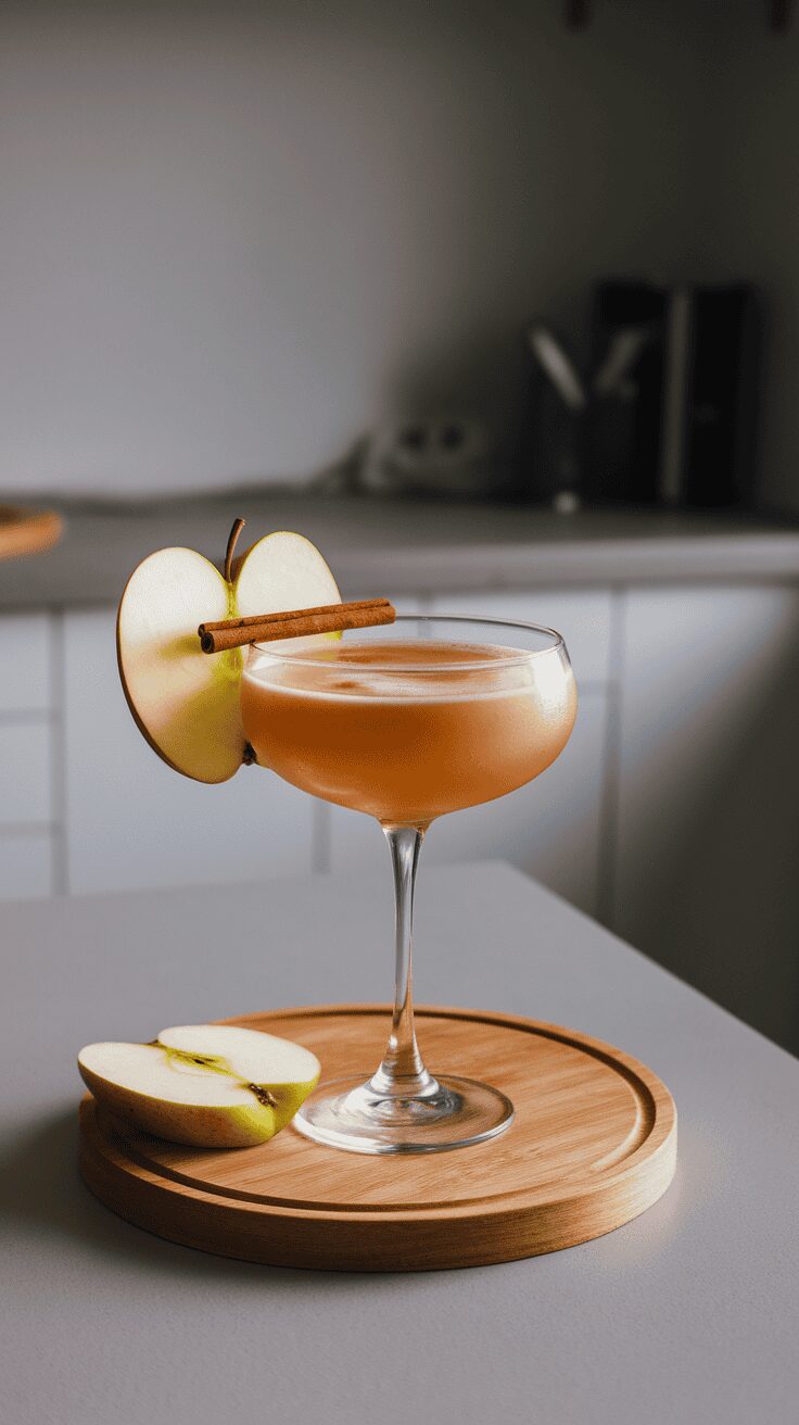 A Baileys Apple Pie Martini garnished with a cinnamon stick and apple slice
