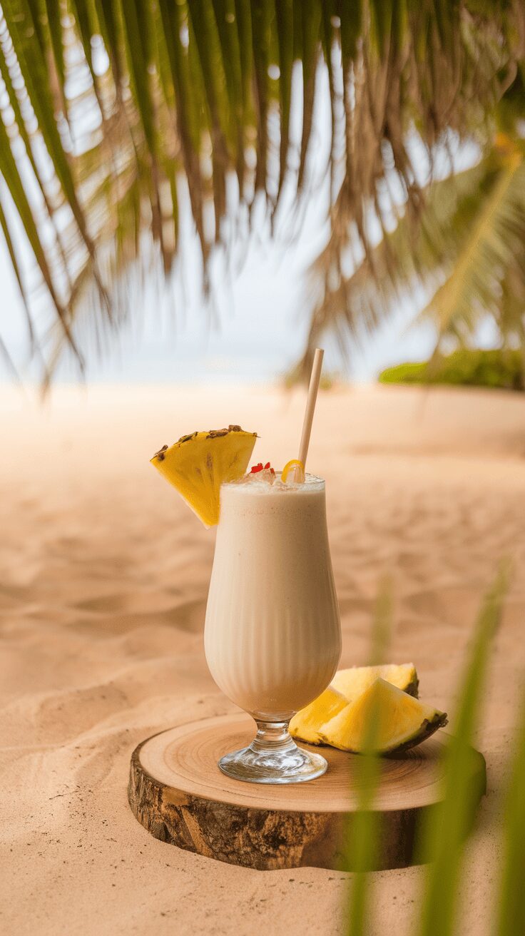 A tropical Baileys Banana Colada drink garnished with pineapple on a sandy beach.