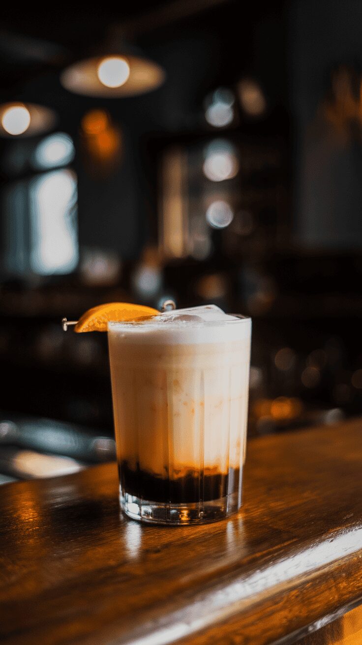A Baileys Black Russian cocktail in a glass with an orange slice on the rim.