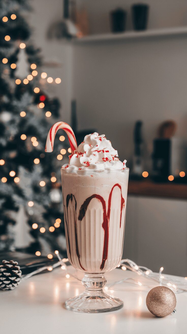 A festive Baileys Candy Cane Shake topped with whipped cream and a candy cane, set against a holiday backdrop.