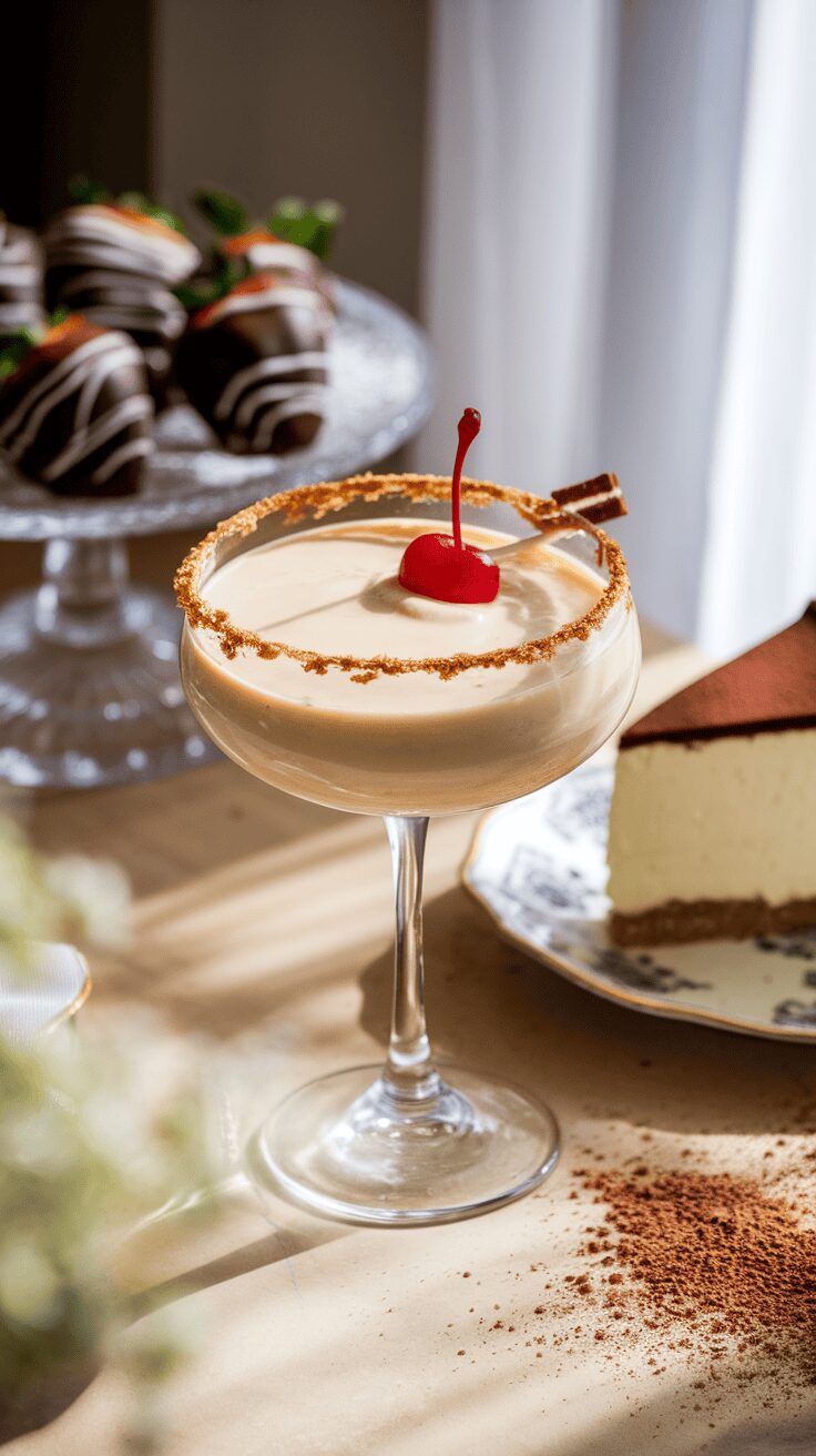 A delicious Baileys Cheesecake Martini garnished with a cherry and a cookie crumb rim, alongside chocolate-covered strawberries and a slice of cheesecake.