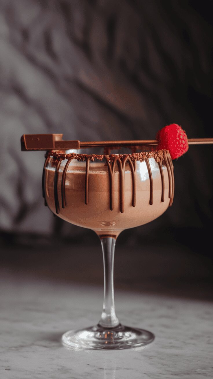 A beautifully presented Baileys Chocolate Martini with chocolate drips on the glass rim.