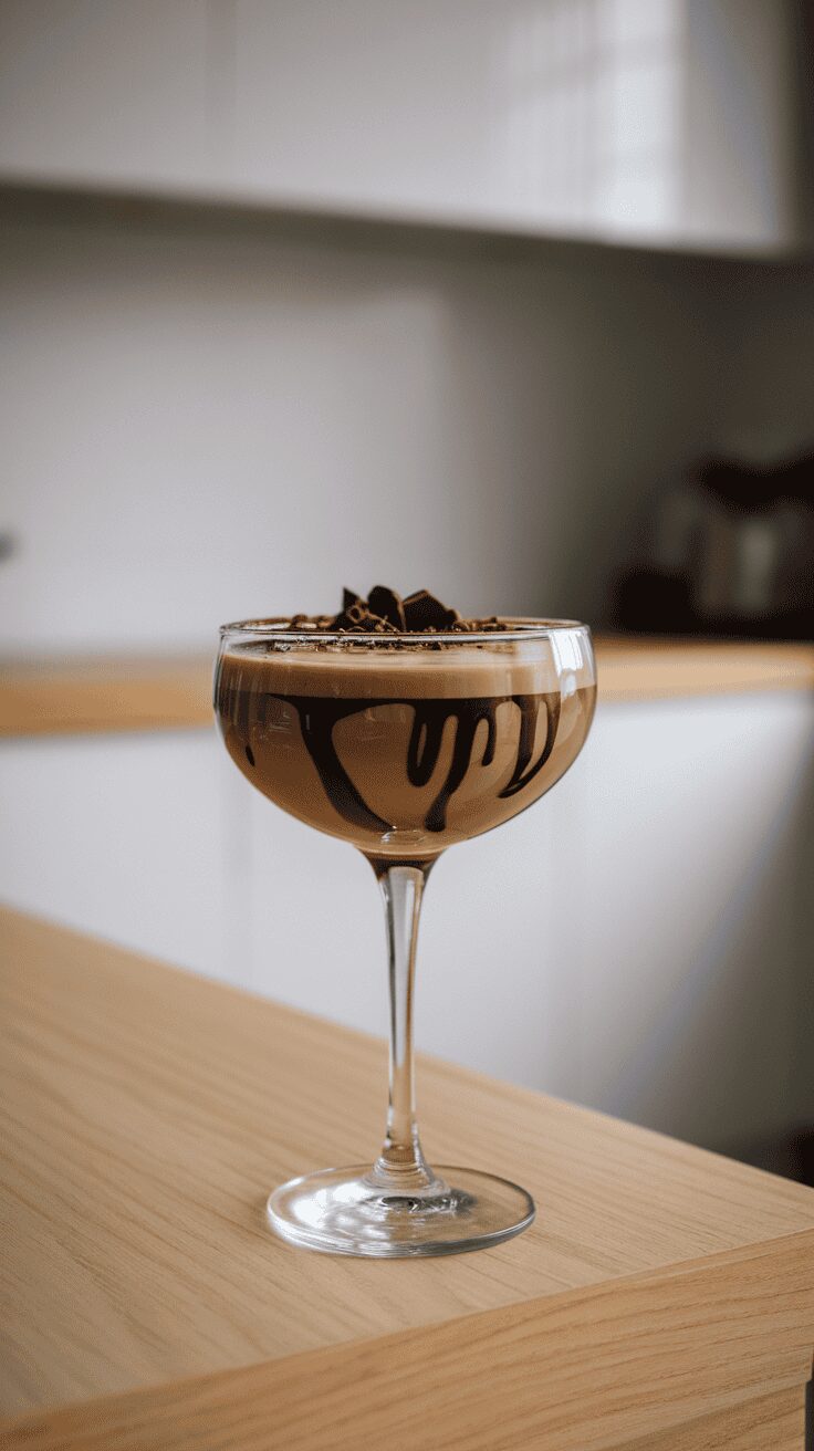 A delicious Baileys Chocolate Martini garnished with chocolate shavings.