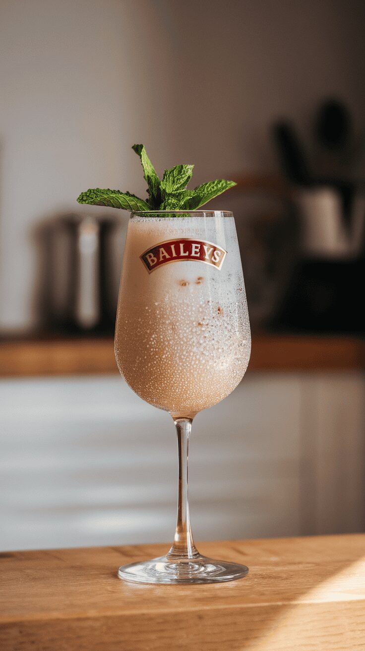A refreshing Baileys Chocolate Peppermint Fizz in a glass, garnished with mint leaves.