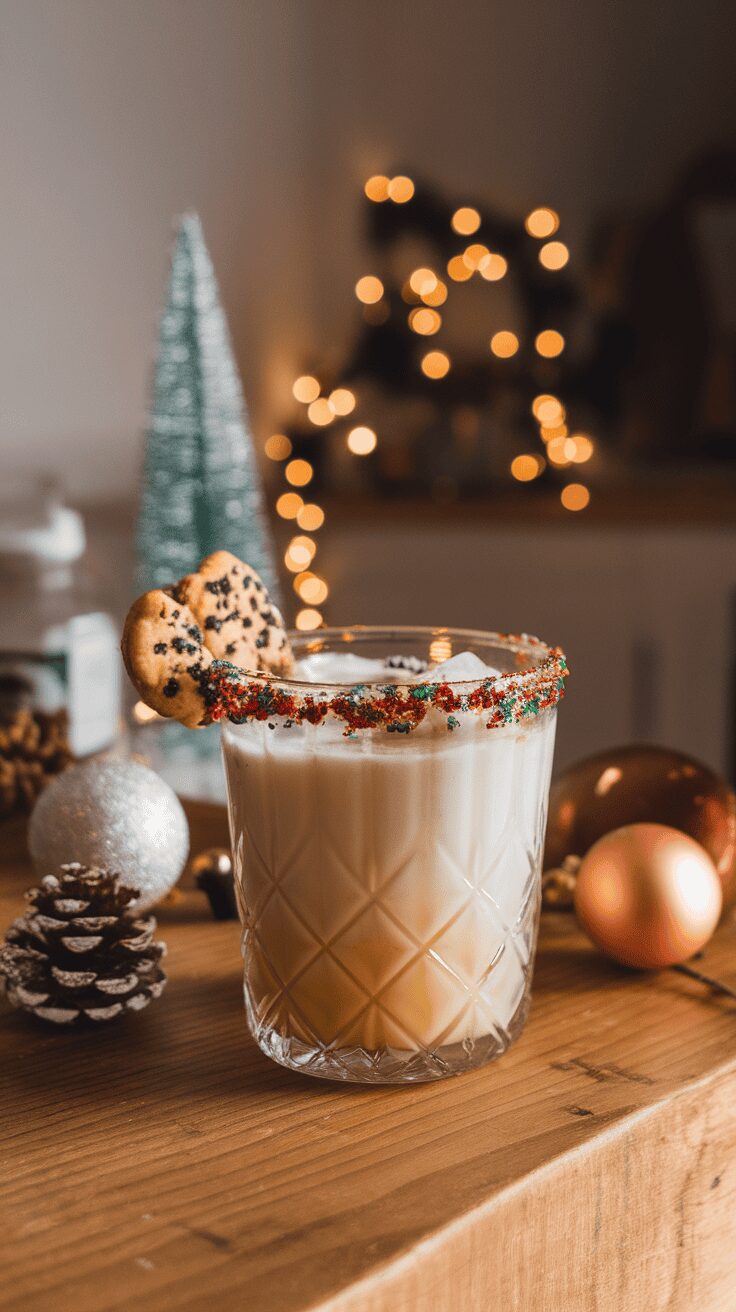 A festive Baileys Christmas Cookie Cocktail with a cookie garnish, surrounded by holiday decorations.