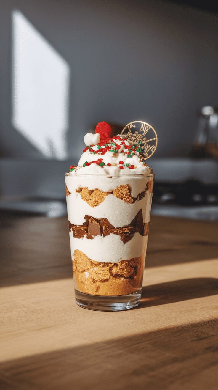 A layered Baileys Christmas Trifle Shooter with whipped cream, chocolate, and festive decorations.