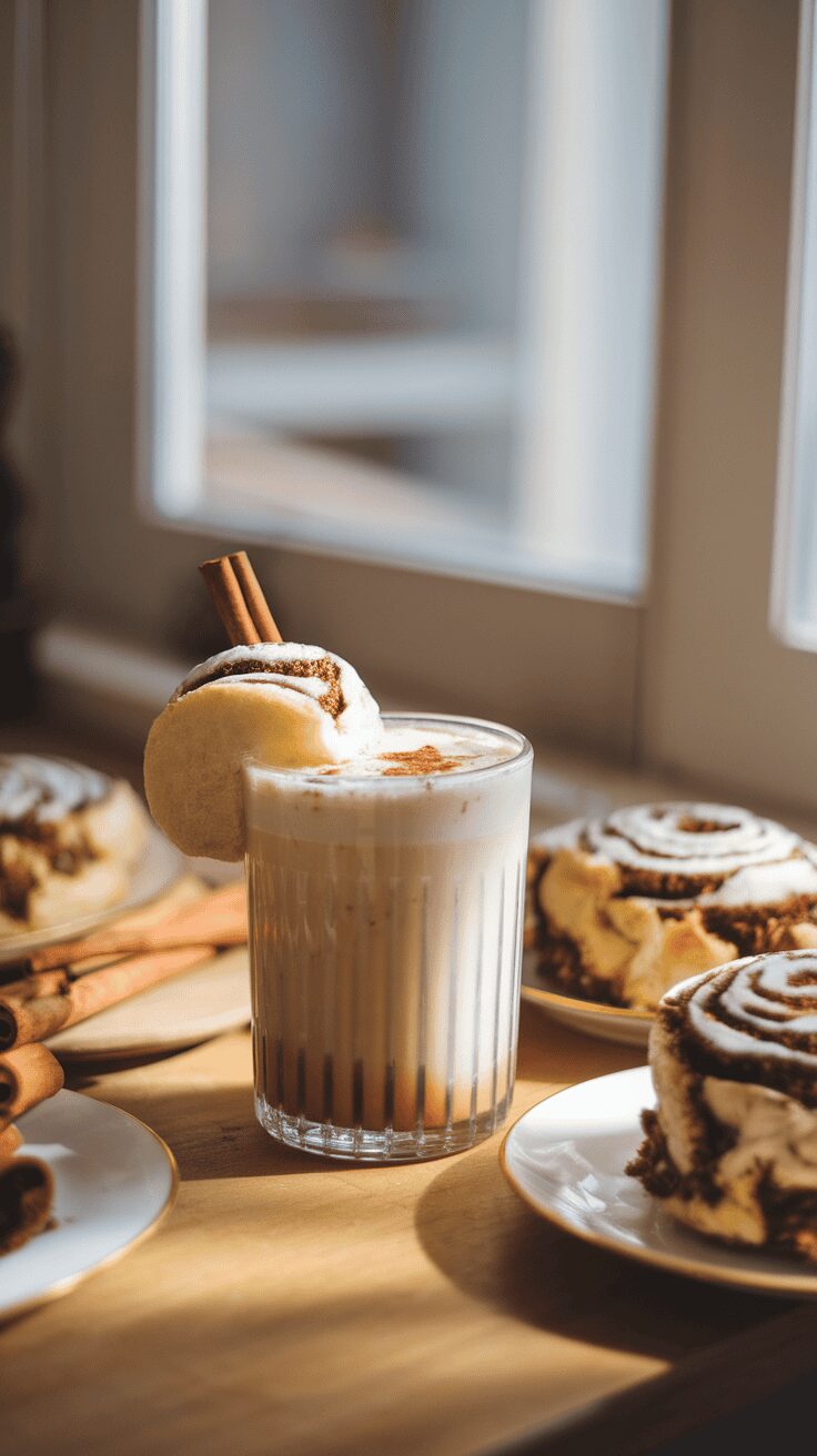 A glass of Baileys cinnamon roll drink with a cinnamon stick and a cinnamon roll on the rim, surrounded by more cinnamon rolls.