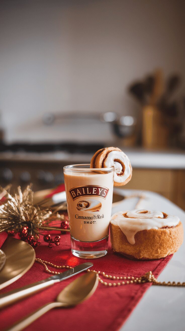 Baileys Cinnamon Roll Shot with a cinnamon roll on a festive table