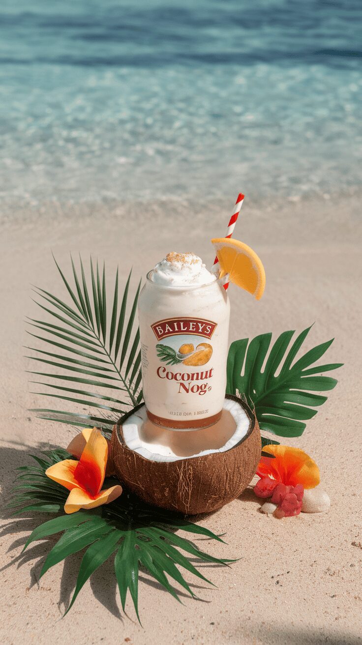 A glass of Baileys Coconut Nog in a coconut shell, garnished with a slice of orange and surrounded by tropical flowers.