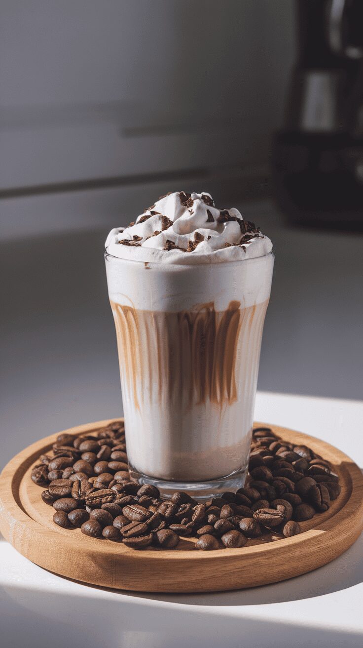 A glass of Baileys Cream Float Cappuccino topped with whipped cream and chocolate shavings, surrounded by coffee beans.